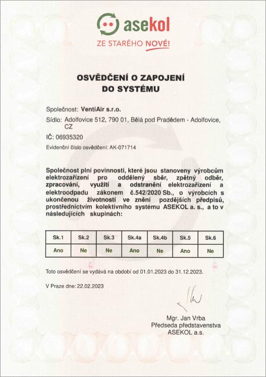VentiAir: certifikát Asekol