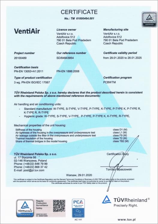 VentiAir: certifikát TÜV