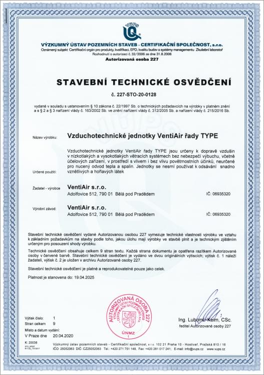 VentiAir: Stavební technické osvědčení VÚPS